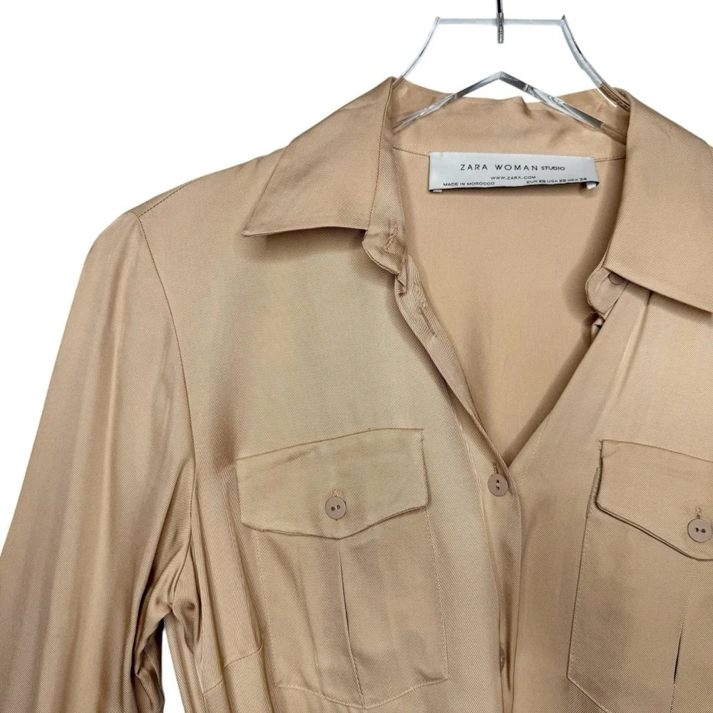 Zara Studio Safari Shirt Dress Tan Midi Belted Utility Quiet Luxury Sz XS
